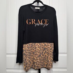 Rooted Soul Clothing Co. “Grace Fills The Gap” Black & Leopard Long Sleeve Tunic